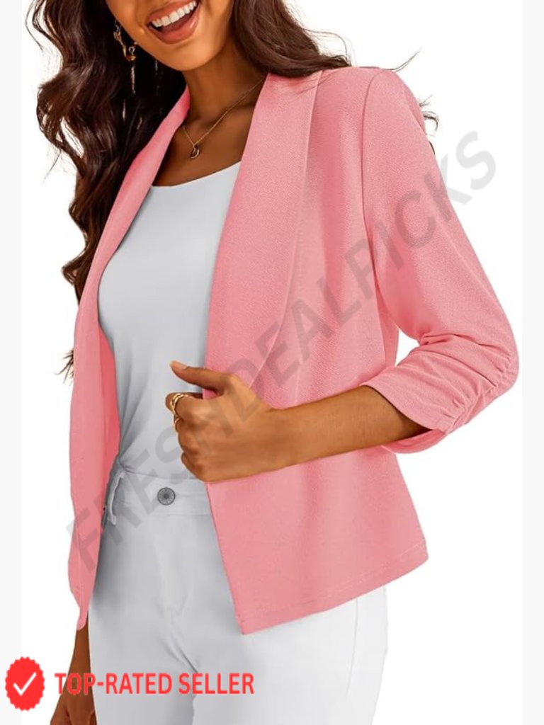 Lightweight Cropped Blazer 3/4 Sleeve Open Front Cardigan Jacket Business Casual